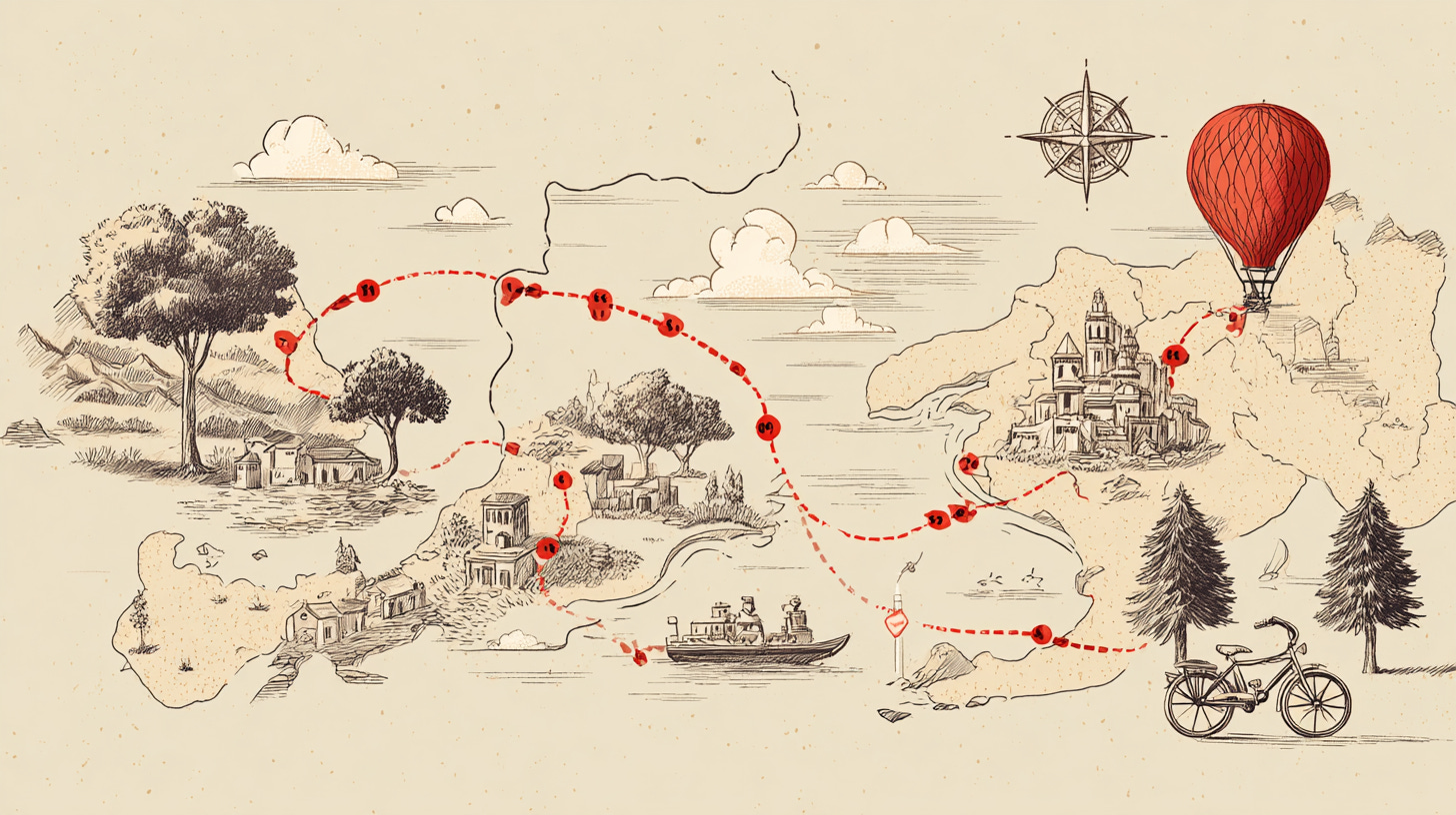 A vintage map with a route outlines, various places, a hot air balloon and a bike. A vintage map with a route outlines, various places, a hot air balloon and a bike.