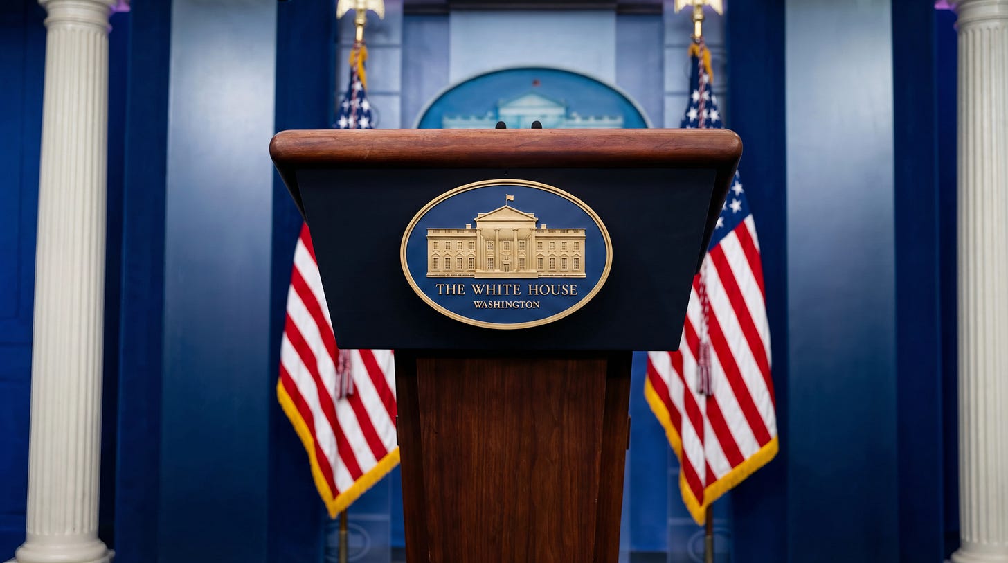 AI-generated illustration of an empty White House podium, symbolizing the end of the meeting.