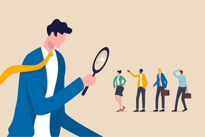 Cartoon of recruiter looking for best job candidate