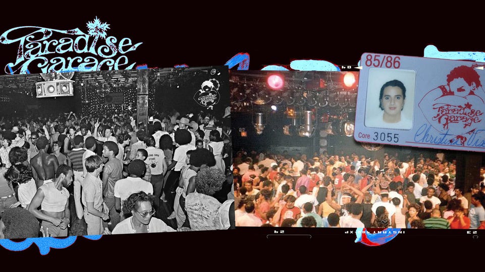 Photos of Paradise Garage in the 1980s on a black background