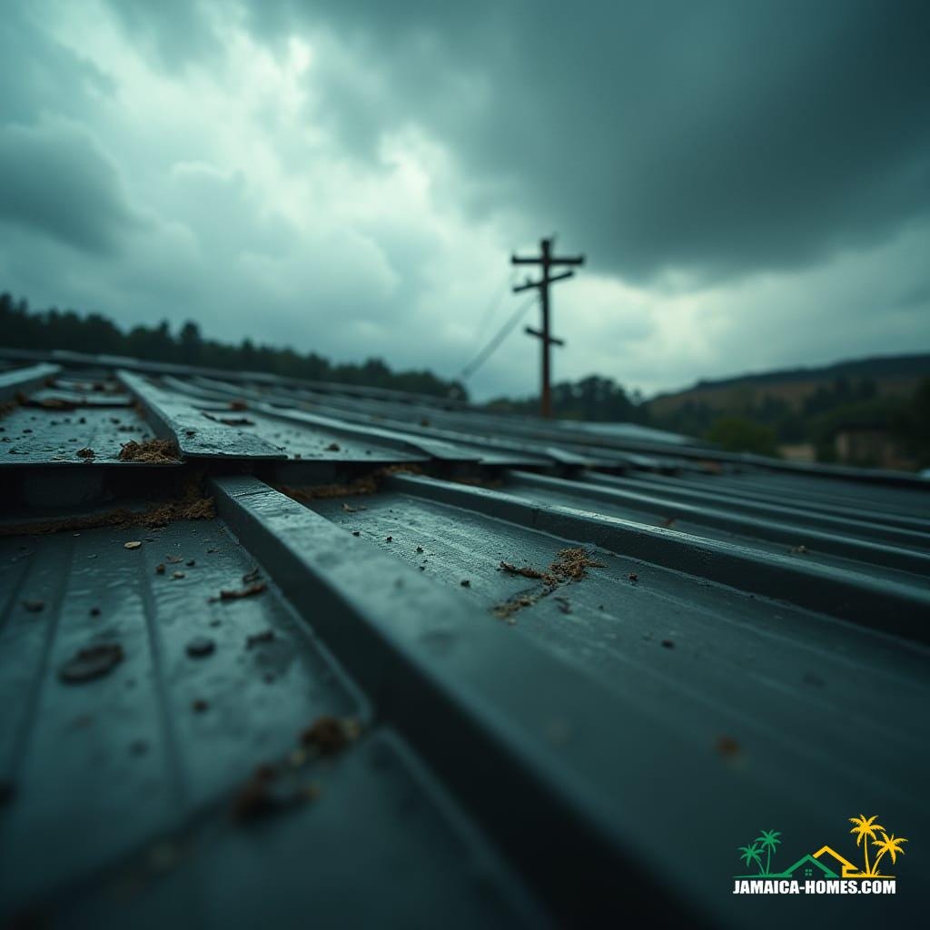 A detailed, cinematic shot of a storm-resistant metal roof with robust hurricane straps securely fastened, showcasing its resilient design to brave extreme weather conditions, as ominous storm clouds gather in the background, with subtle film grain and a vignette,
