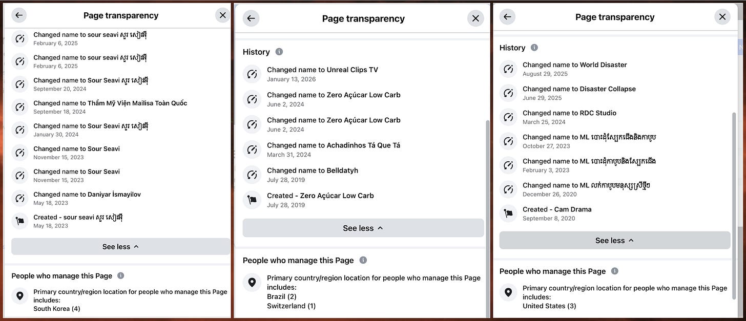 name change histories for various Facebook accounts that post AI-generated war videos