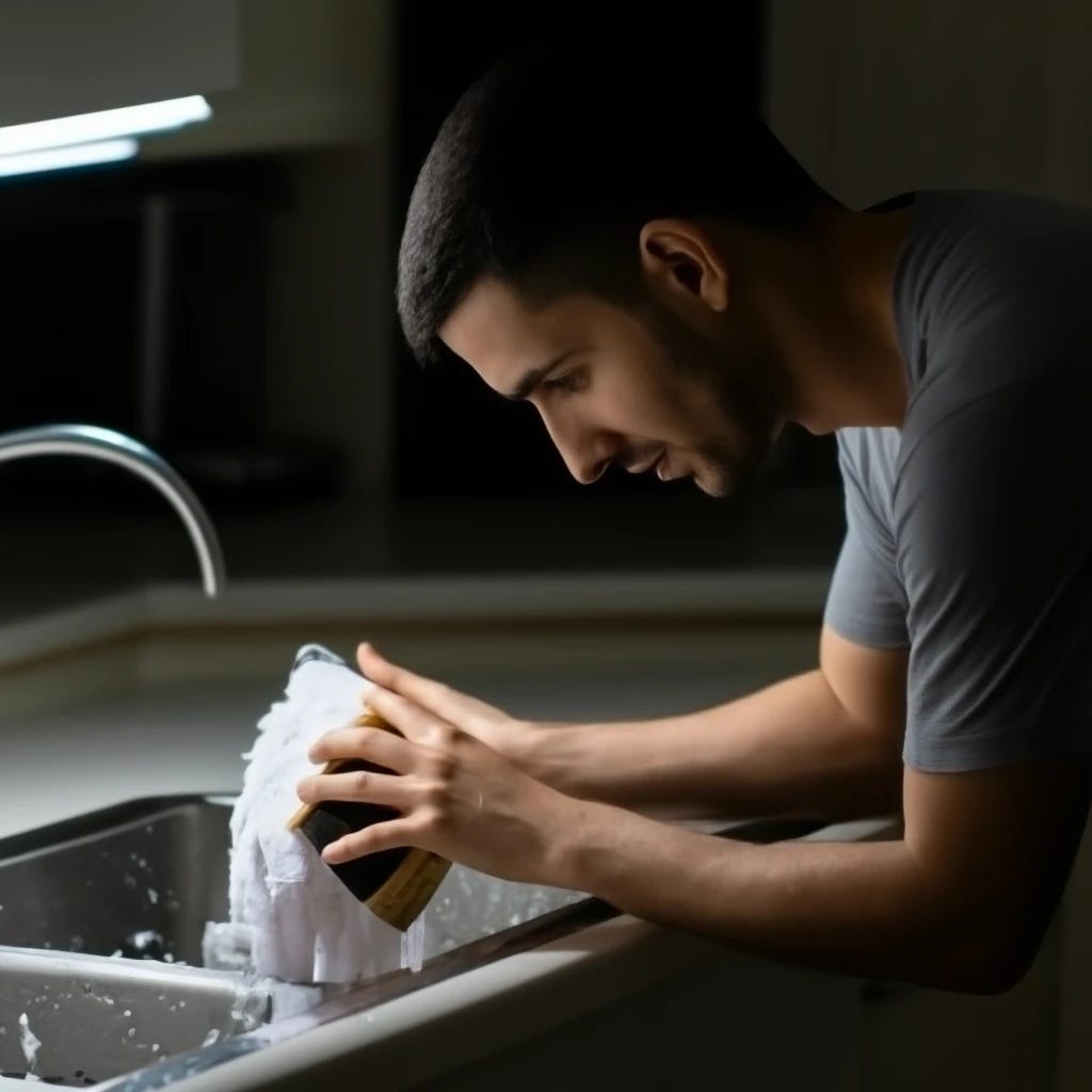 man washing a pair of panties over a kitchen sink using a brush with 