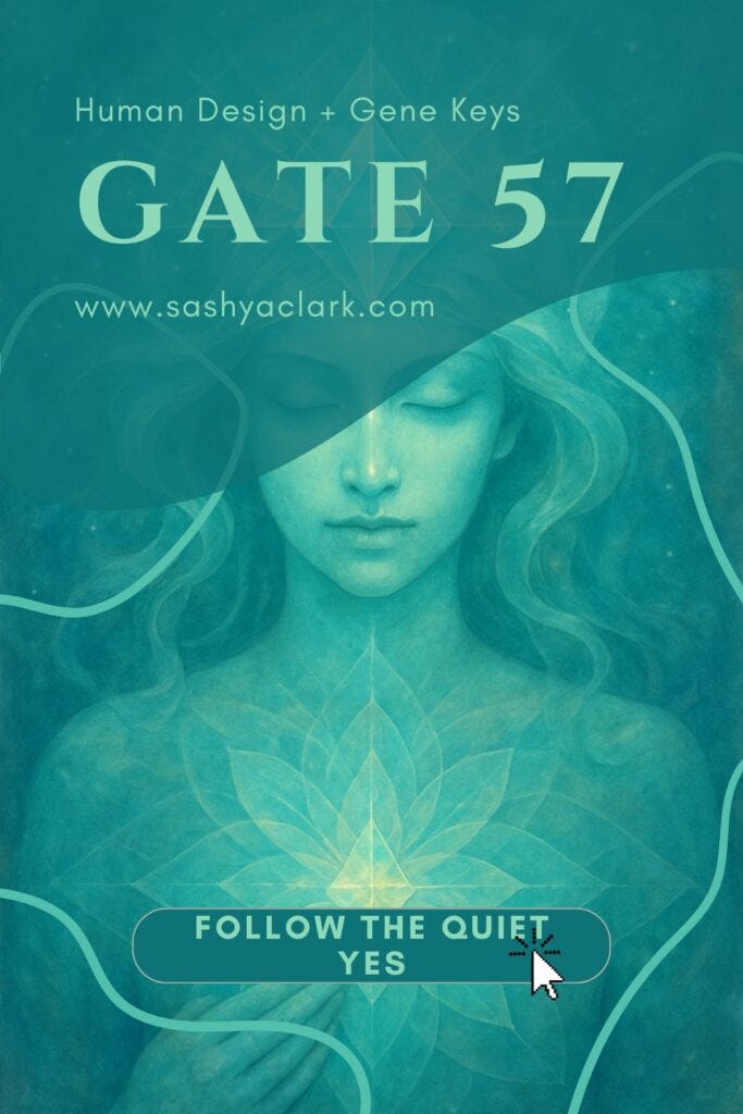 A mystical cosmic illustration in aqua and teal tones, showing a serene figure surrounded by light and flowing energy, symbolizing intuition and clarity for Human Design Gate 57.