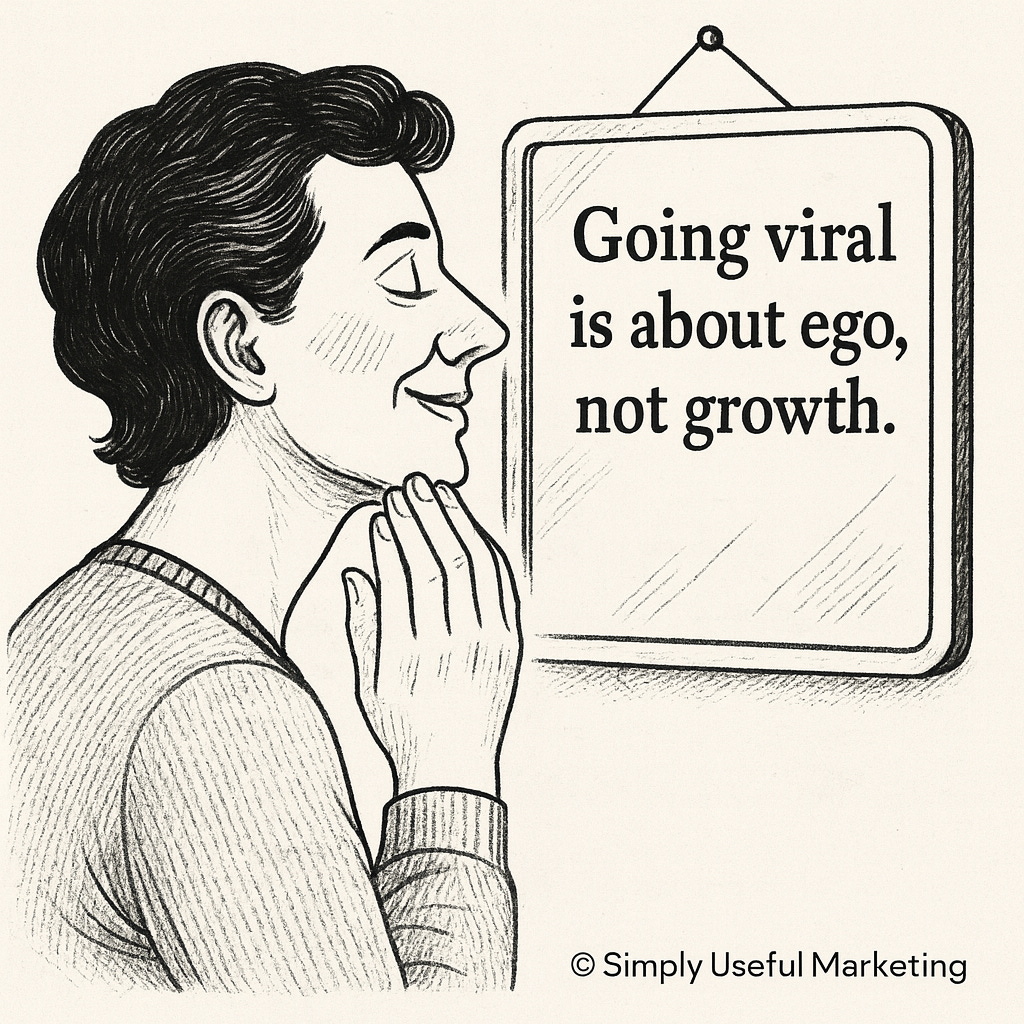Pleased man looking in the mirror at the words "Going viral is about ego, not growth"