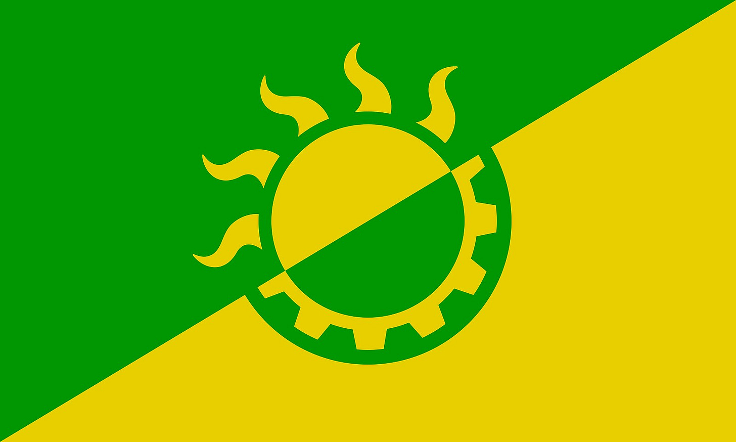 A flag with a symbol that is half sun, half cog. The top diagonal half of the flag is green and bottom diagonal half is yellow. 
