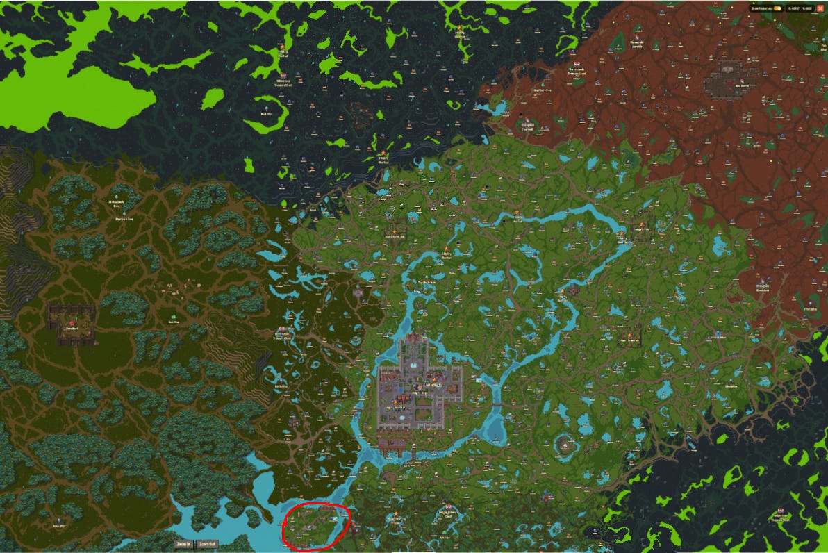 On this screen, the island is marked in red, it is the one we need to get off as soon as possible. because we don't need it.