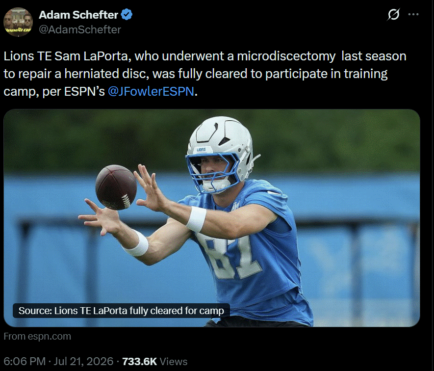 Sam LaPorta cleared for Detroit Lions training camp following microdiscectomy back surgery Sam LaPorta cleared for Detroit Lions training camp following microdiscectomy back surgery