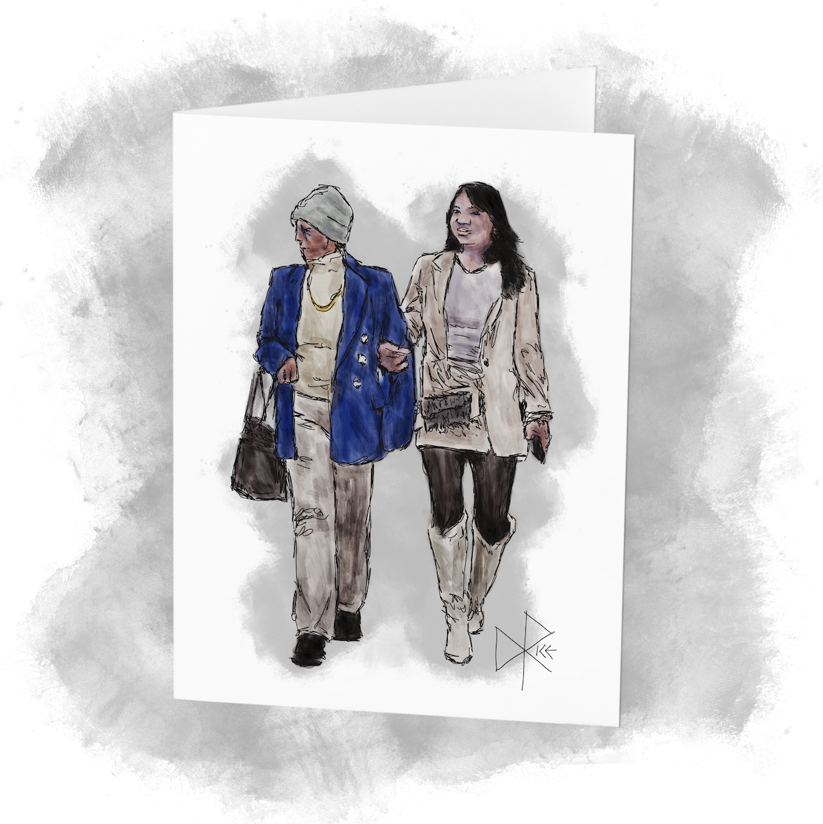 Two women of different generations, both dressed up for a public event, walking arm-in-arm. Sketch art by Don Rice. Two women of different generations, both dressed up for a public event, walking arm-in-arm. Sketch art by Don Rice.