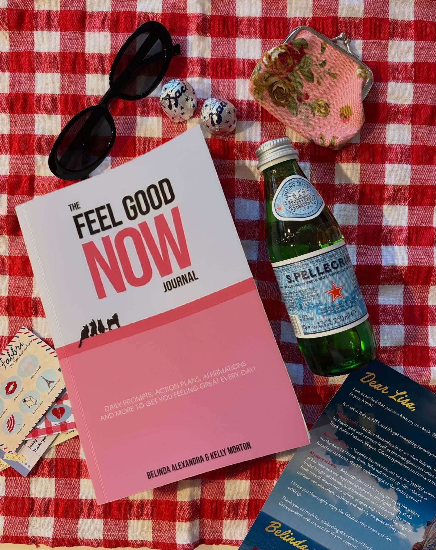 The Feel Good NOW Journal sits on a red and white checked picnic rug with sunglasses, chocolates, a purse and water