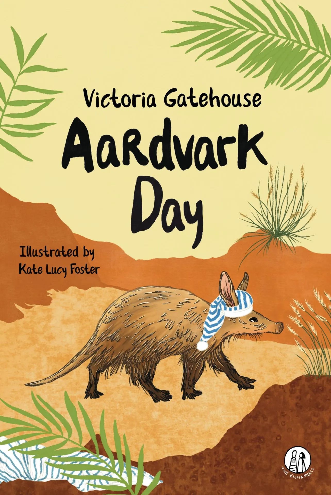 Colourful book cover — a cartoony aardvark wearing a blue and white striped hat walks along in the desert. Colours are yellow sky with rust, sand and brown coloured land, and green plants. Colourful book cover — a cartoony aardvark wearing a blue and white striped hat walks along in the desert. Colours are yellow sky with rust, sand and brown coloured land, and green plants.