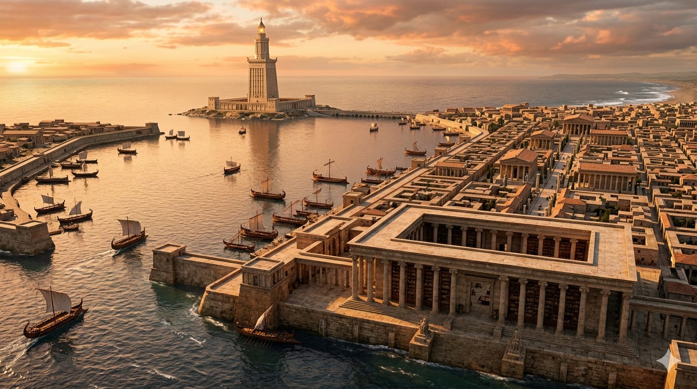 The port of Alexandria including the lighthouse and library.