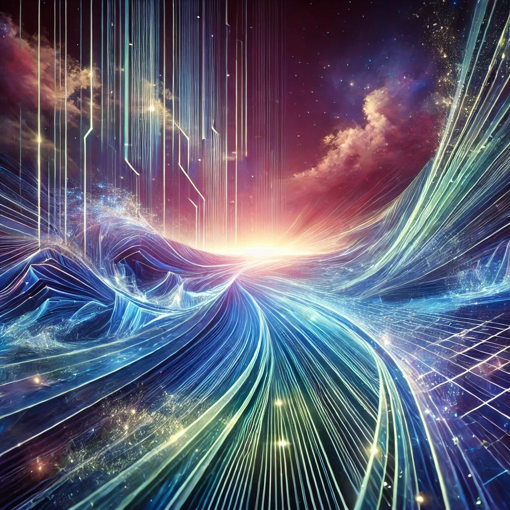 An abstract visual representation of 'Unfolding the Future,' featuring a futuristic landscape that merges technological innovation with organic growth. A vast horizon reveals layers of glowing geometric shapes, gradually expanding and opening like a scroll or origami, symbolizing the future being revealed. Elements of space, time, and energy are intertwined, with light beams and flowing lines, conveying a sense of possibility and evolution. The colors are vibrant and dynamic, blending blues, purples, and greens, evoking a sense of awe and wonder.