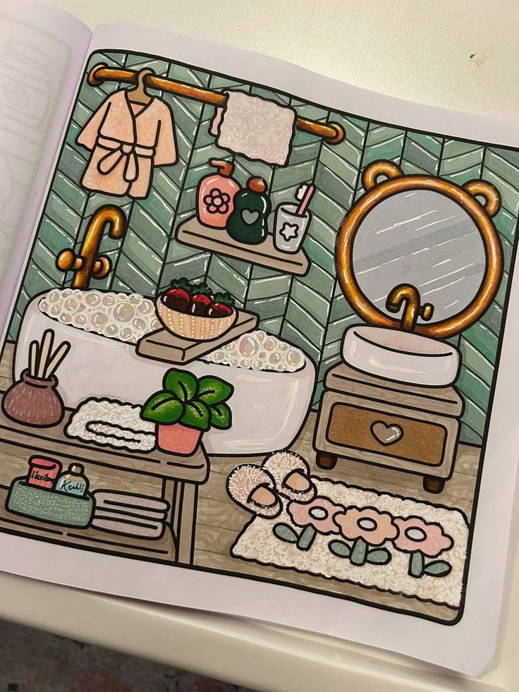 This may contain: an open coloring book with a bathroom scene in it