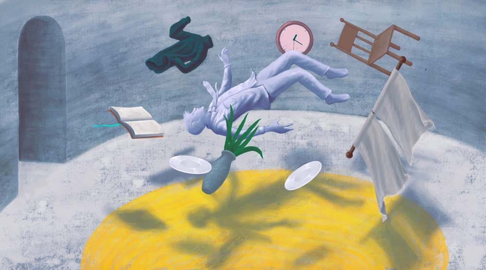 Illustration of the chaos we feel when plans change unexpectedly — a man in his room as everything swirls around him in disarray. Illustration of the chaos we feel when plans change unexpectedly — a man in his room as everything swirls around him in disarray.