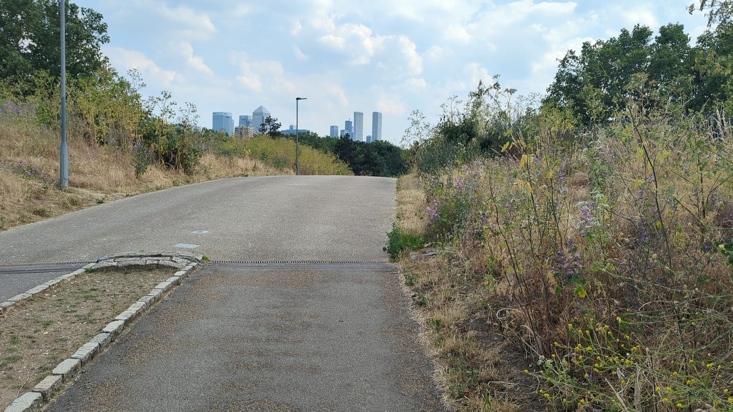 Mile End Park Green Bridge Above, overlooking Canary Wharf.