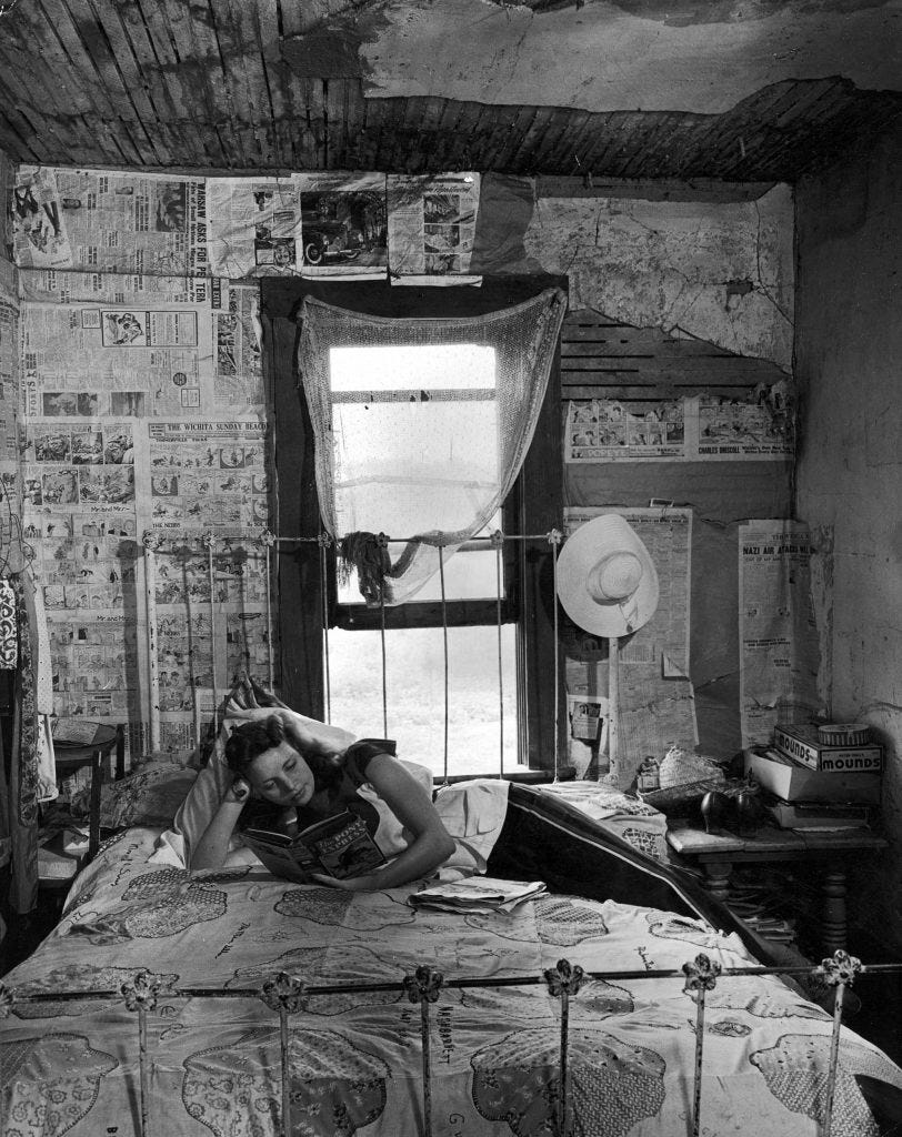 "Oklahoma farmer John Barnett's daughter Delphaline, 17, wears bright-colored slacks around the farm. She and her two brothers go to a rural school where there are only four other pupils. Next fall Delphaline will enter high school." Oklahoma, 1942.