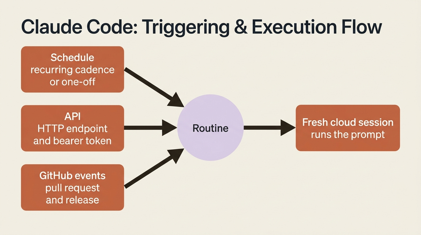 The three trigger types feeding one routine: a schedule for recurring cadence, an API endpoint for programmatic firing, and GitHub events for pull requests and releases. The three trigger types feeding one routine: a schedule for recurring cadence, an API endpoint for programmatic firing, and GitHub events for pull requests and releases.