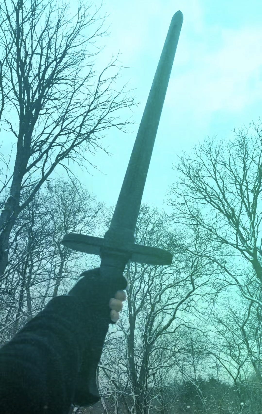 A black sword is held aloft against a blueish winter sky, framed by the bare arms of trees A black sword is held aloft against a blueish winter sky, framed by the bare arms of trees