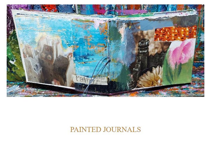 Kelly Kilmer shares two photos of original paintings (a deer against a blue background) and journals (a small open book on her easel) in her online shop