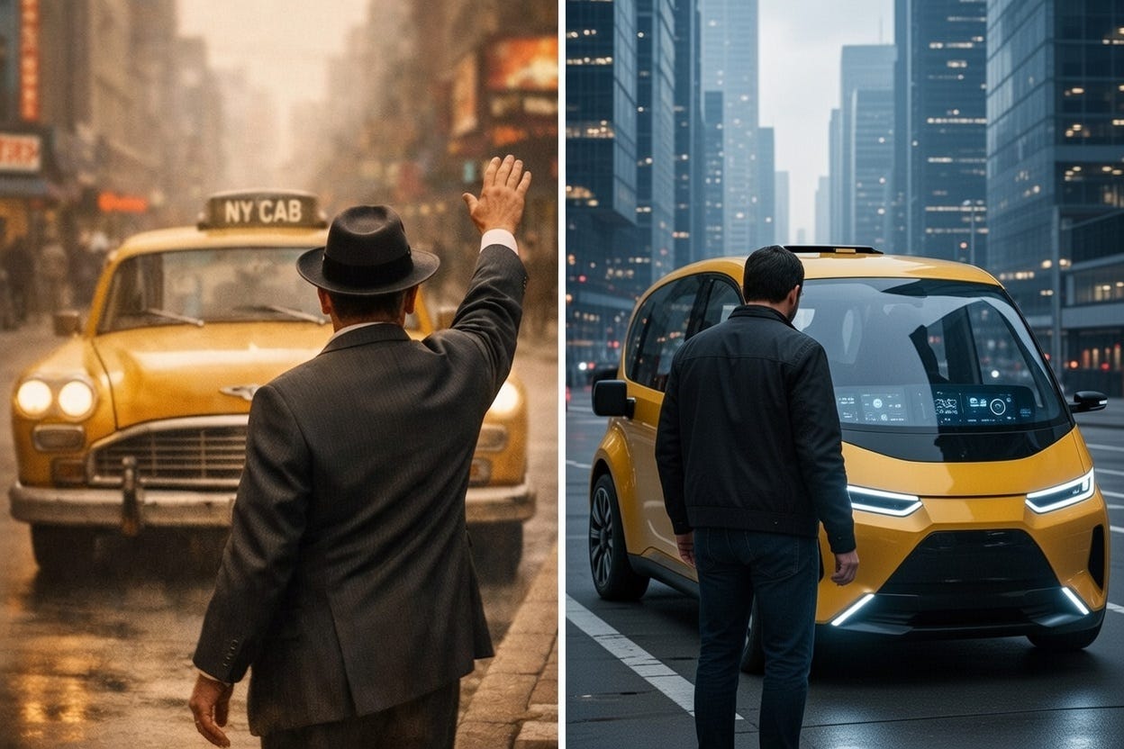 Split-screen image showing a 1960s New York street scene on the left, where a man in a suit and fedora hails a classic yellow NY Cab, contrasted with a modern 2026 scene on the right, where a man approaches a sleek self-driving NY Cab with digital displays across the windshield. Split-screen image showing a 1960s New York street scene on the left, where a man in a suit and fedora hails a classic yellow NY Cab, contrasted with a modern 2026 scene on the right, where a man approaches a sleek self-driving NY Cab with digital displays across the windshield.