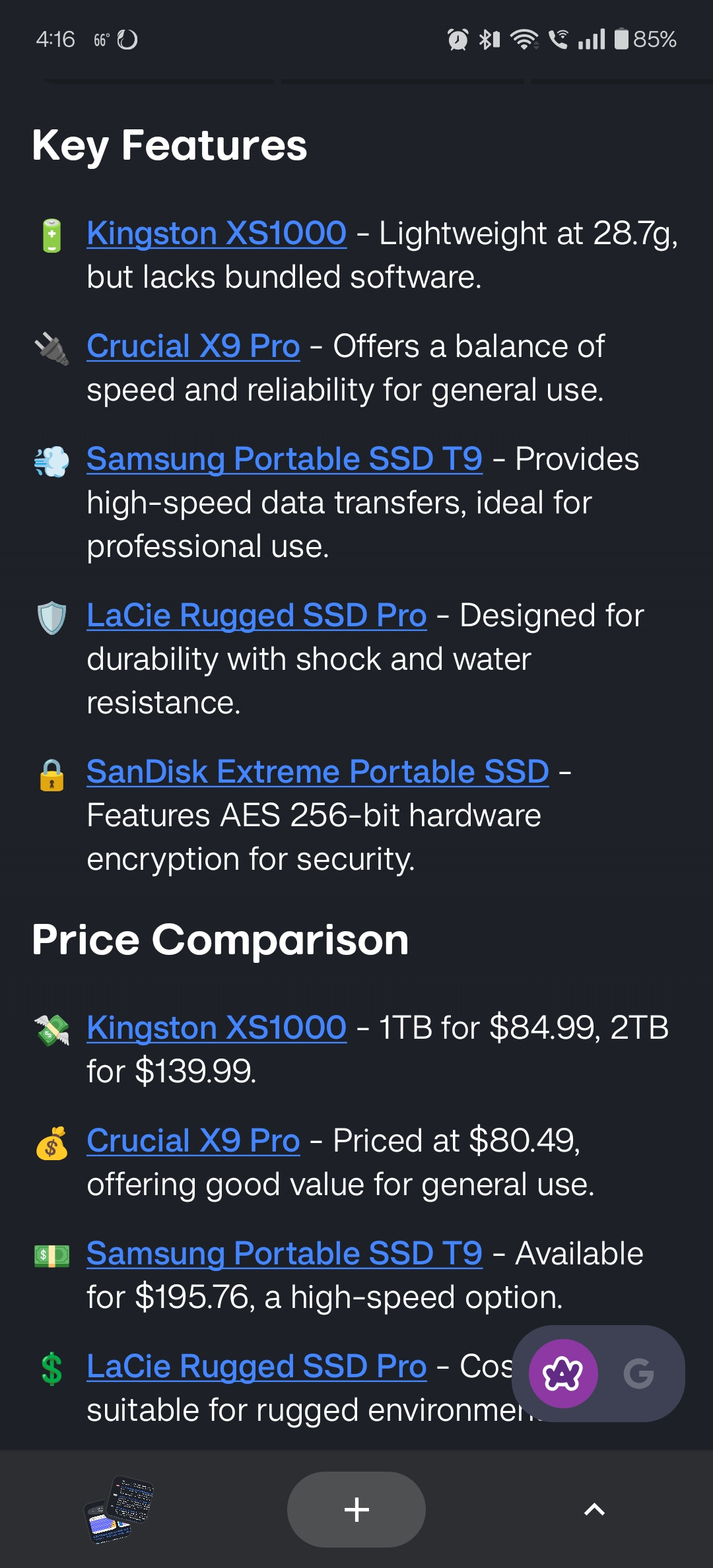 Arc Android browser search result details