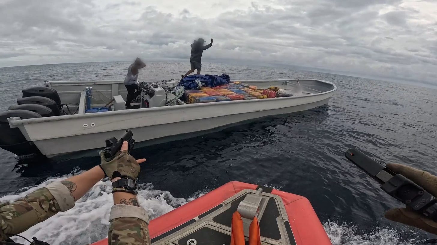 US Coast Guard interdicts a drug-smuggling vessel while patrolling the  Eastern Pacific Ocean. 2025