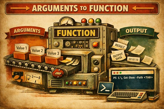 Retro machine labeled 'Function' with inputs called 'Arguments' feeding in and output coming out, PowerShell prompt in corner