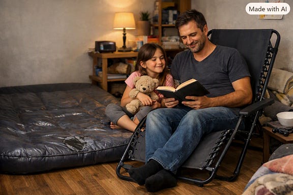 Père et fille avec matelas crevé et transat Père et fille avec matelas crevé et transat