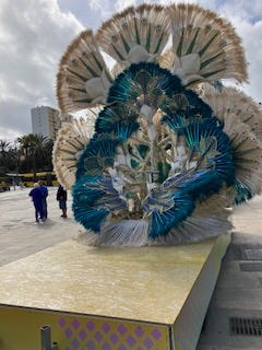beautiful, feathered floats in shimmering colours that are too big for the warehouse doors
