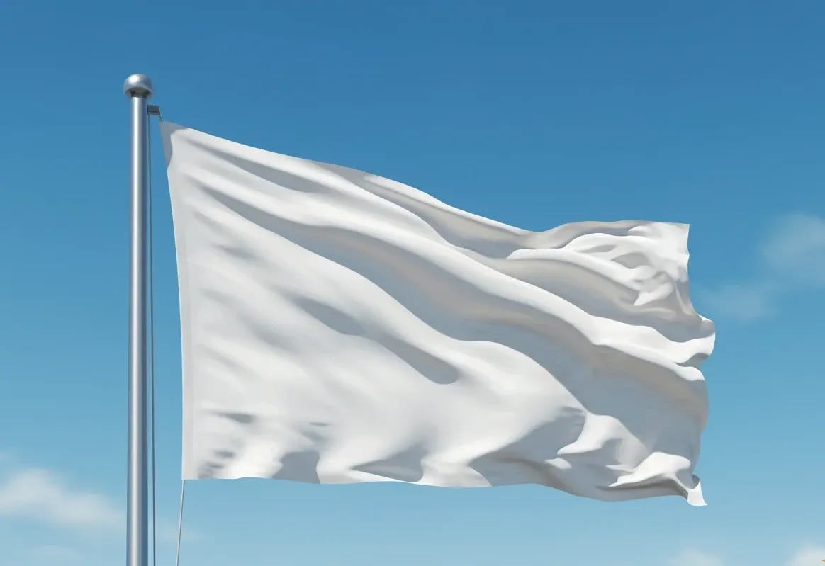 A photorealistic white flag waves on a flagpole against a clear blue sky with sparse clouds.