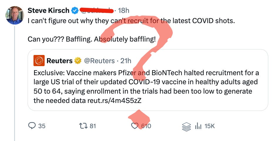 Anti-vaccine influencers will say that it is because people didn’t sign up because they think that COVID vaccines are dangerous. If that’s true, can you guess why they think that??? Anti-vaccine influencers will say that it is because people didn’t sign up because they think that COVID vaccines are dangerous. If that’s true, can you guess why they think that???