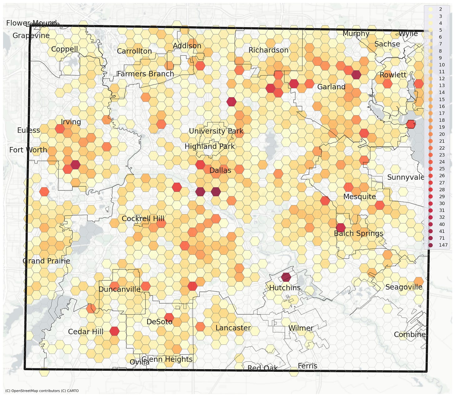 A hex map of Dallas County, updated on Aug. 30, showing new COVID-19 cases over the previous 14 days