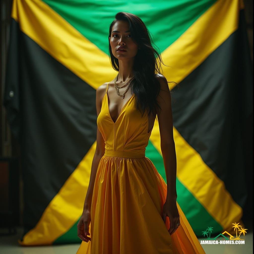 A beautiful Asian woman wearing a dress fashioned from the Jamaican flag, captured in a cinematic film still. Shot on a V-Raptor XL with 35mm film, the image features subtle film grain, a vignette, and dramatic, atmospheric cinematic lighting. The colors are expertly graded and post-processed, presenting a stunning, epic, and high-quality masterpiece with a live-action feel.