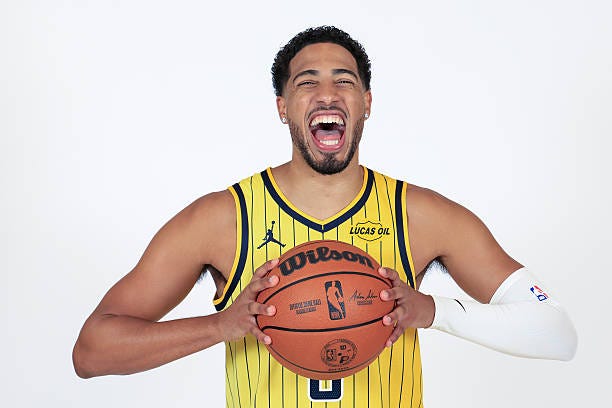Tyrese Haliburton of the Indiana Pacers poses for a photo during media day at Gainbridge Fieldhouse on September 28, 2026 in Indianapolis, Indiana.... Tyrese Haliburton of the Indiana Pacers poses for a photo during media day at Gainbridge Fieldhouse on September 28, 2026 in Indianapolis, Indiana....