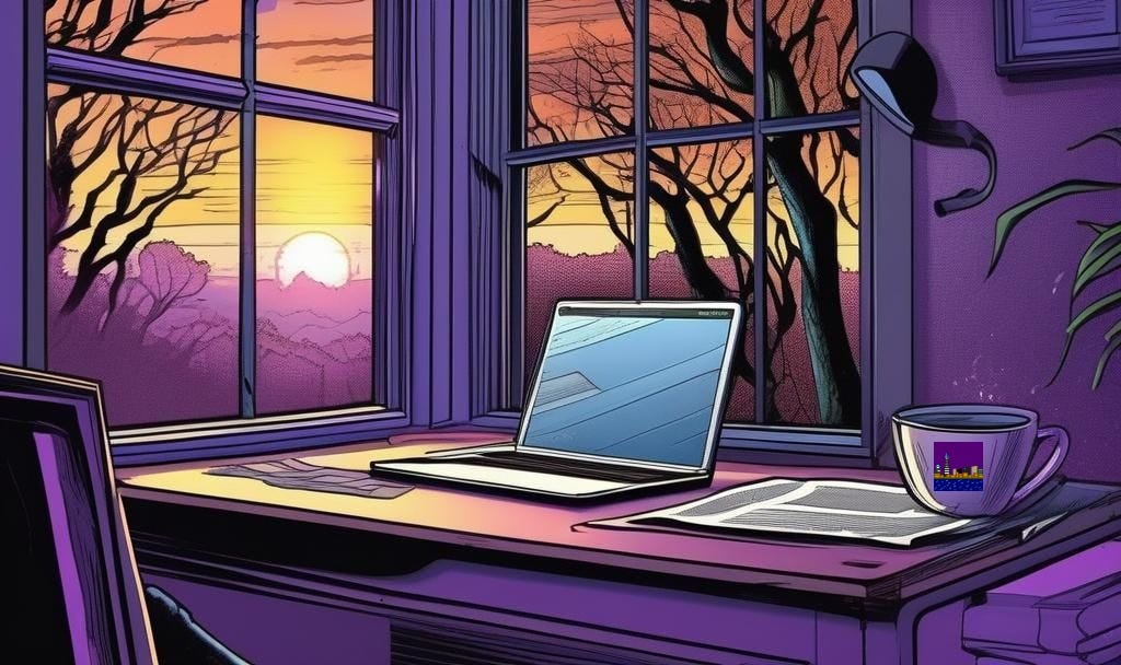 desk with a laptop, newspaper, and purple coffee cup next to a window showing the sunrise and trees