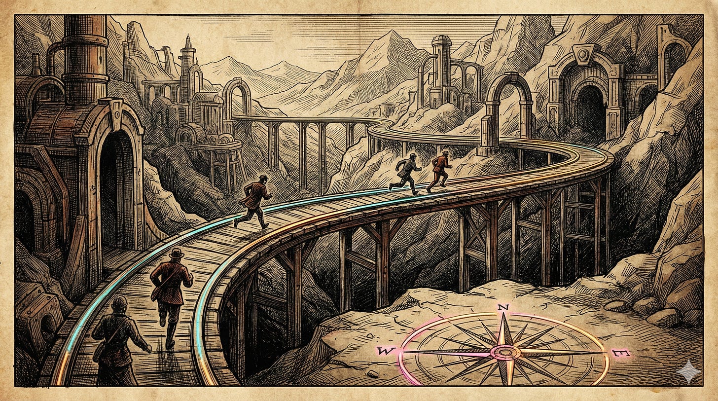 Etching-style illustration of an agilist navigating between traditional agile practices and AI technology, standing at a crossroads Etching-style illustration of an agilist navigating between traditional agile practices and AI technology, standing at a crossroads