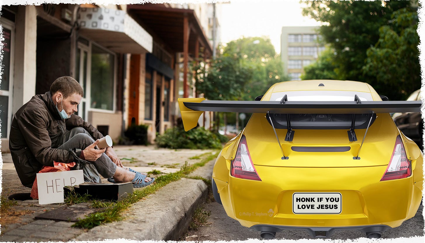 Sports car with Jesus license plate drives past homeless person