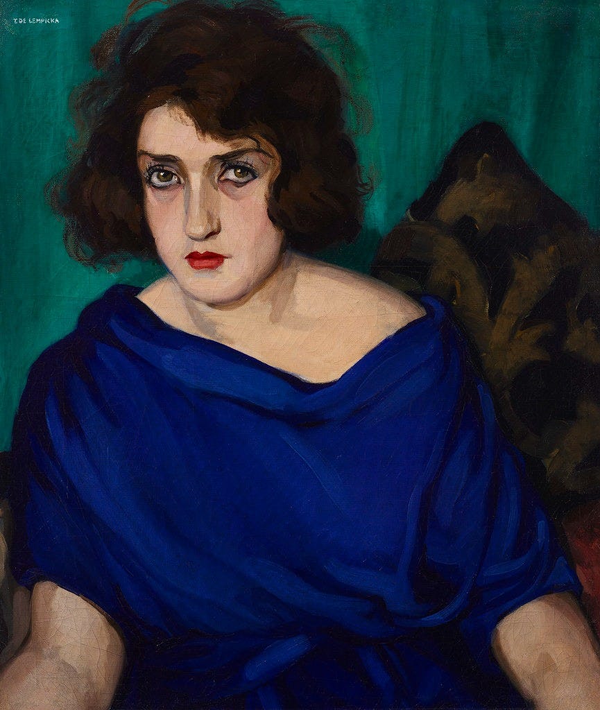 Tamara de Lempicka portrait painting of a young woman in a blue dress, Art Deco style Tamara de Lempicka portrait painting of a young woman in a blue dress, Art Deco style