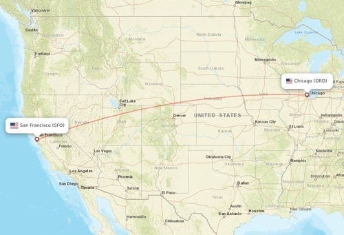Chicago - San Francisco direct flight map