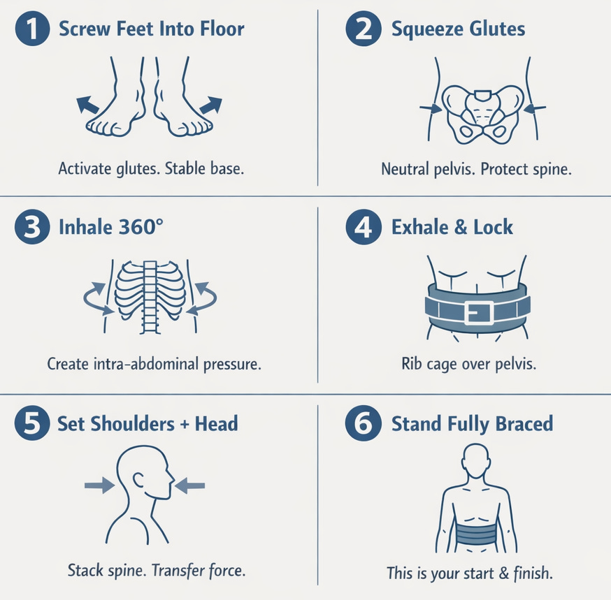 Six-step bracing protocol illustration showing foot position, glute engagement, breathing, rib cage alignment, shoulder position, and full braced stance for safe lifting Six-step bracing protocol illustration showing foot position, glute engagement, breathing, rib cage alignment, shoulder position, and full braced stance for safe lifting