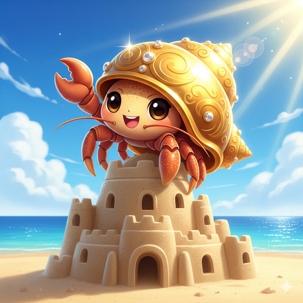 Cute cartoon hermit crab with ornate golden shell atop sandcastle.