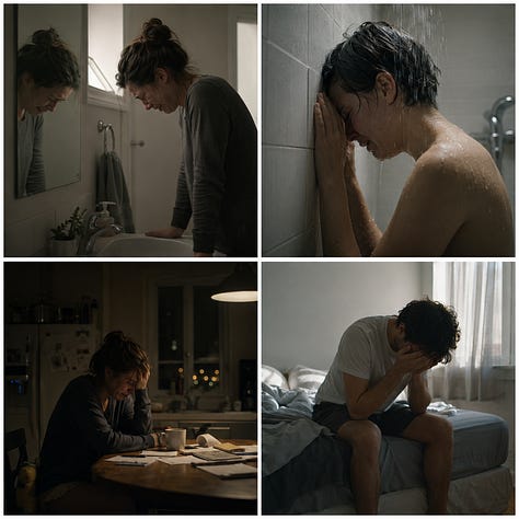 A six-image gallery titled “Where the World Leaks” from “The Crying World”, a Kirenya visual series made of six square 2x2 quadriptychs. The first shows solitary people crying in private domestic spaces such as a bathroom, shower, kitchen table, and bedroom. The second shows individuals crying in everyday threshold spaces, including a parked car, office restroom, laundromat, and grocery aisle. The third shows people crying while surrounded by social life, including a dinner party, birthday gathering, crowded living room, and public transit. The fourth shows groups crying together in recognizable communal settings such as a family kitchen, living room, workplace break room, and support circle. The fifth extends the idea of crying into animals and trees, with a wet dog, a rain-soaked horse, sap running down bark, and a solitary storm-bent tree. The sixth shows infrastructure as if it is weeping, including a rusting bridge, cracked dam, stained apartment building, and dripping underpass.