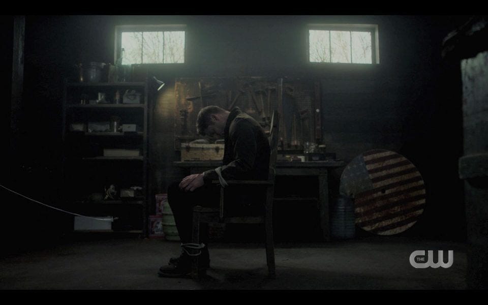 Jensen Ackles Dean wakes up bound to chair SPN Jensen Ackles Dean wakes up bound to chair SPN