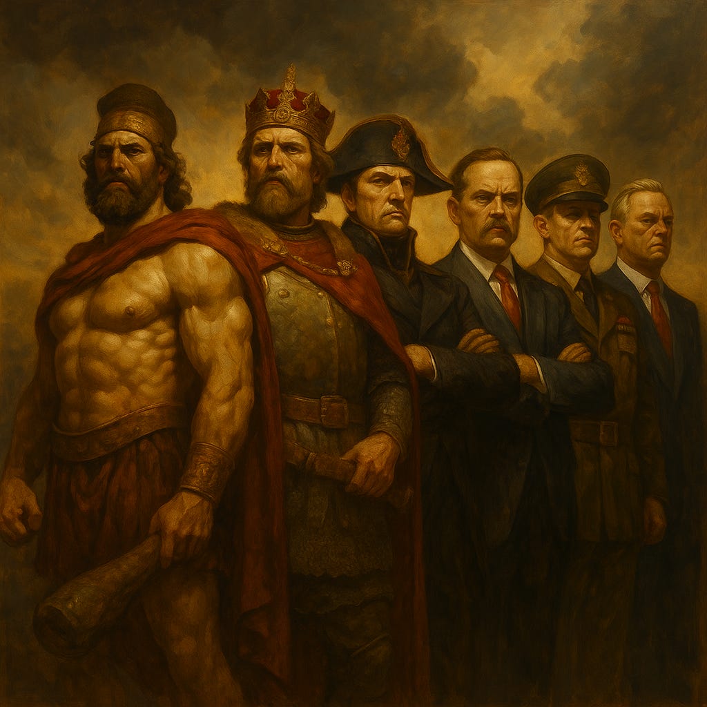 A dramatic painting depicting six imposing male figures, progressing from an ancient warrior wielding a club, through a medieval king, a Napoleonic general, and into modern military and political leaders in suits and uniforms. Their stern expressions and commanding postures symbolise the evolution—and continuity—of authoritarian, hierarchical masculinity throughout history. The cloudy, moody backdrop emphasises their collective dominance across eras..