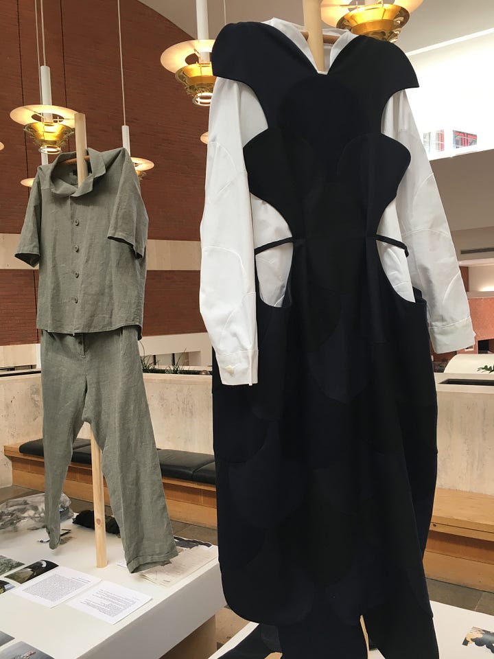 Phoebe English studio garments, showing innovative patchworking, and overdyeing, lace offcuts and silk offcuts techniques.