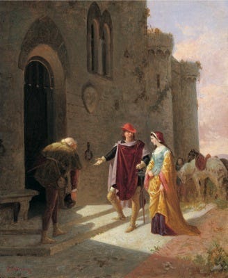 Well dressed medieval couple outside castle Well dressed medieval couple outside castle