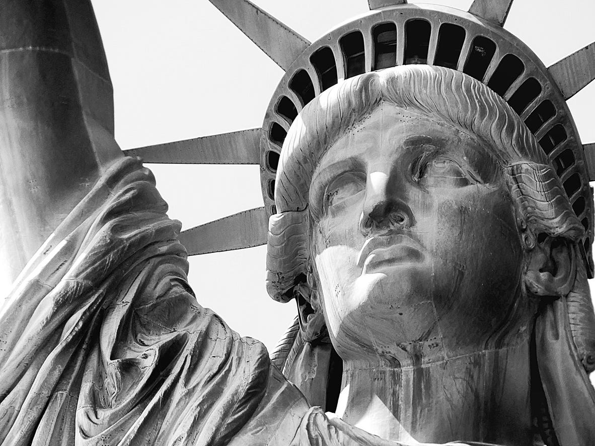 black &amp; white photo, close up of face of Statue of Liberty