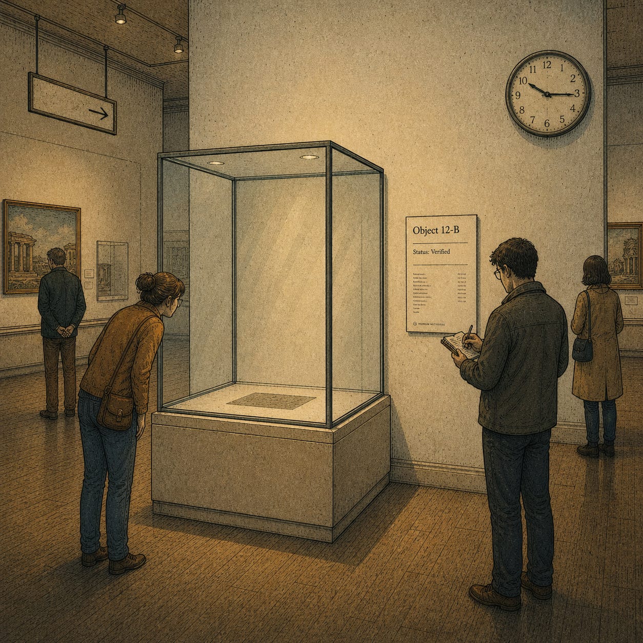 A hand-drawn museum gallery with an empty glass display case labeled “Object 12-B” and “Status: Verified,” while visitors calmly study the missing artifact. The image visualizes Reality Drift, semantic drift, and representation detached from referent, showing how language, authority, and institutional framing can remain intact after contact with reality has disappeared.