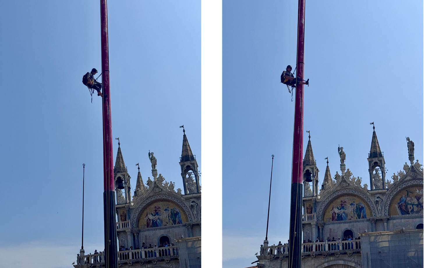 Two photos of the man who climbed the flagpole. He wears climbing gear including a helmet and harness. In the first image, he is actively climbing. In the second, he has stopped partway up the pole to rest. 